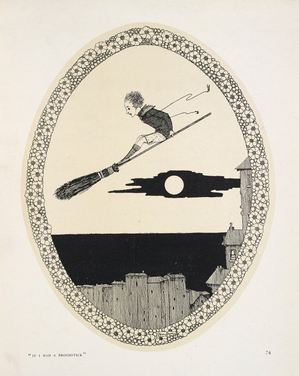 "Si tuviera un palo de escoba". Ilustración para un poema de Patrick R. Chalmers.
Un niño en una escoba de Harry Clarke