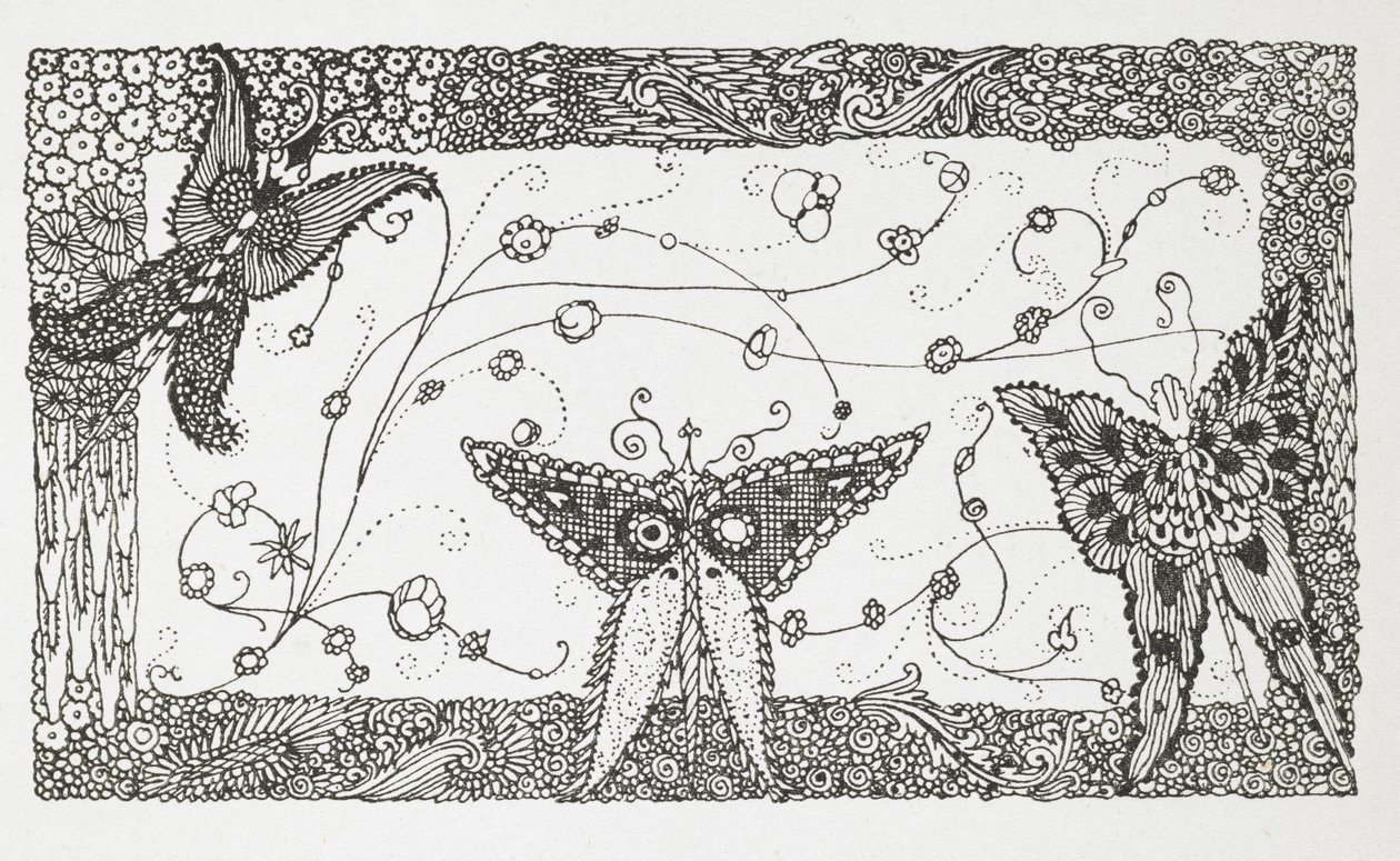 Ilustración para el cuento "El Maestro Gato o el Gato con Botas". Diseño de una mariposa. de Harry Clarke