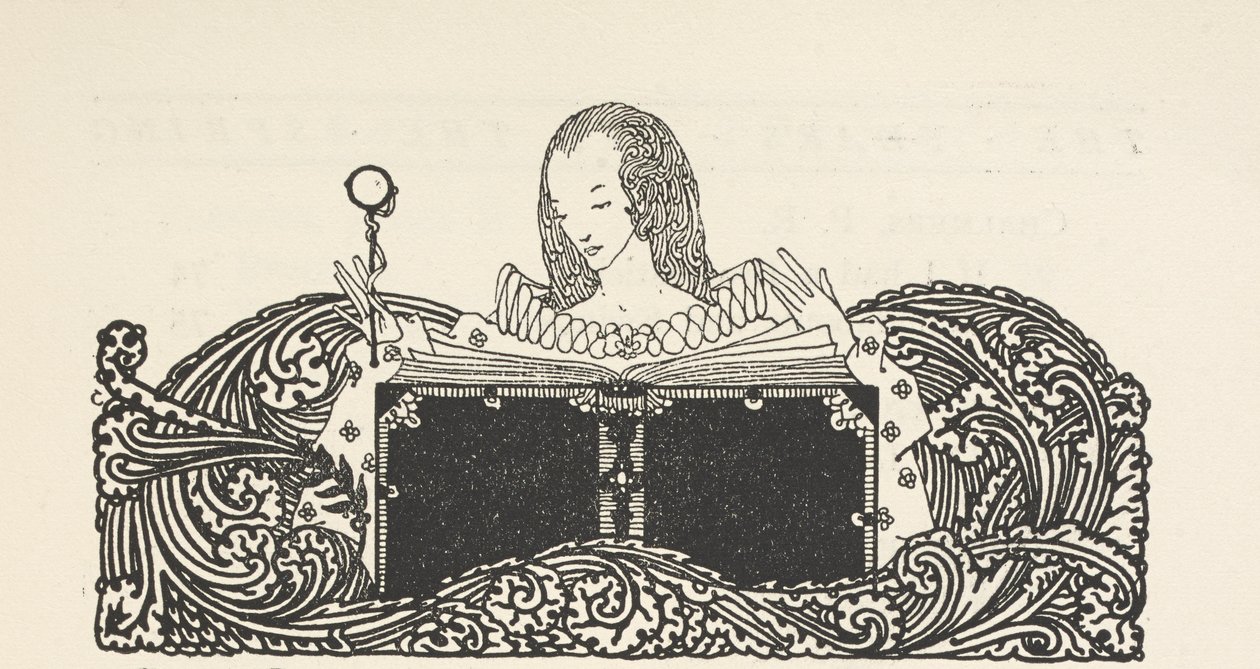 Ilustración, que muestra a una mujer leyendo un libro, en la parte superior de la página del índice. de Harry Clarke