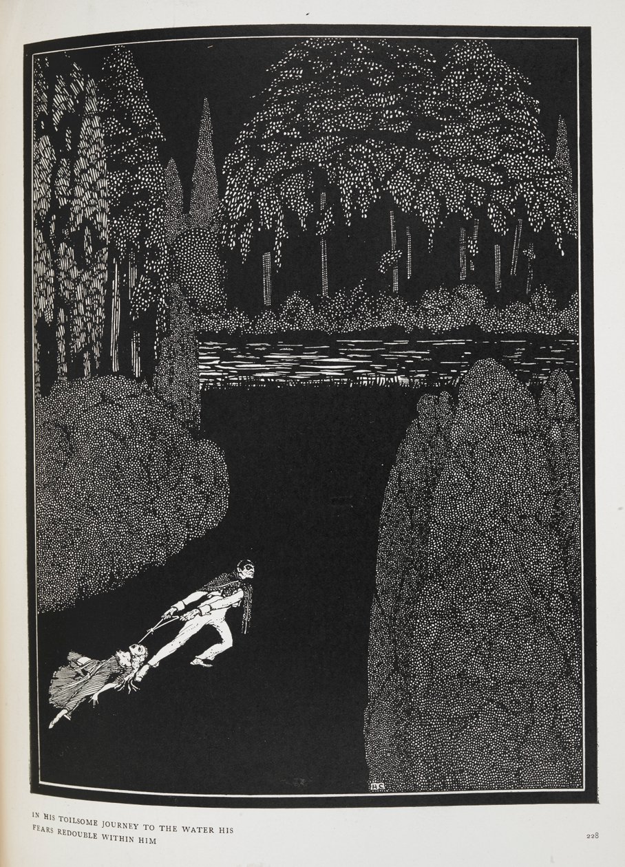 En su penoso viaje hasta el agua, sus temores se redoblan con él". Ilustración para el cuento "El misterio de Marie Roget". de Harry Clarke