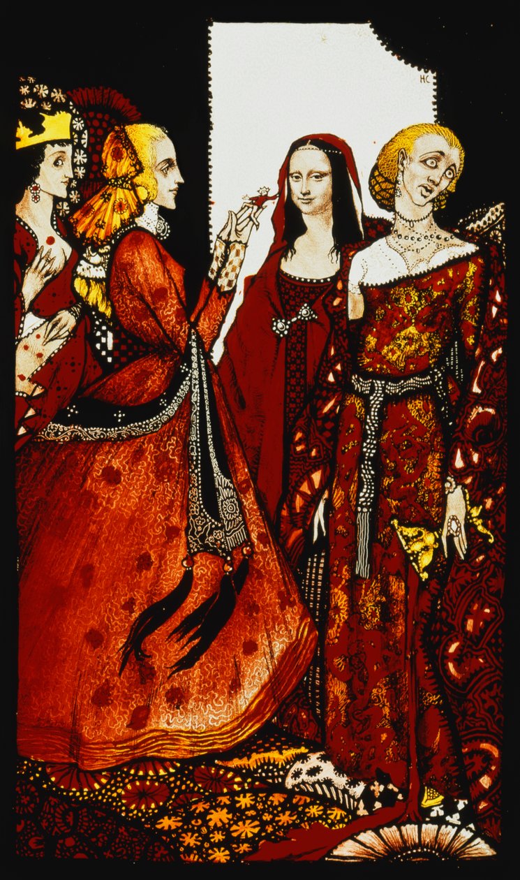 Reinas cuyo dedo una vez agitó a los hombres. "Reinas", nueve paneles de vidrio acidificados, teñidos y pintados, ilustrando el poema de J.M. Synge de Harry Clarke