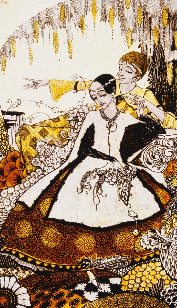 Siete días de perro dejamos pasar, nombrando reinas en Glenmacnass. "Reinas", nueve paneles de vidrio acidificados, teñidos y pintados, ilustrando el poema de J.M. Synge de Harry Clarke