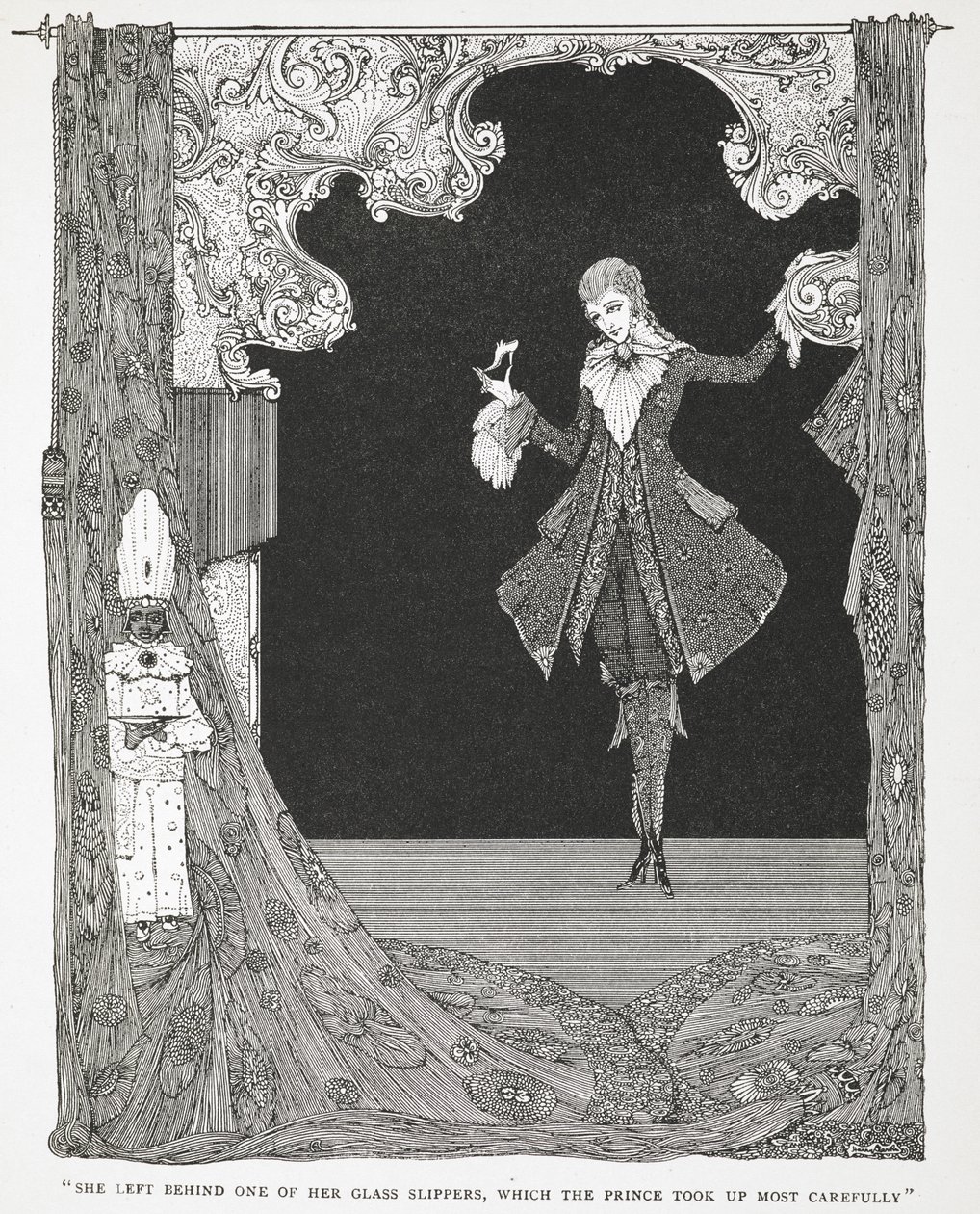 "Se dejó uno de sus zapatitos de cristal, que el Príncipe recogió con sumo cuidado". Ilustración del cuento Cenicienta o El zapatito de cristal. de Harry Clarke