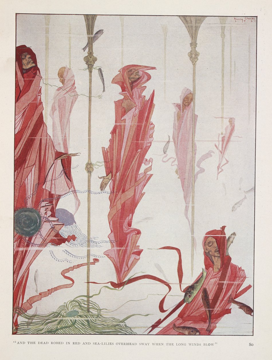 El Patriota Moribundo. "Y los muertos vestidos de rojo y lirios de mar en lo alto
 se mecen cuando soplan los largos vientos" de Harry Clarke