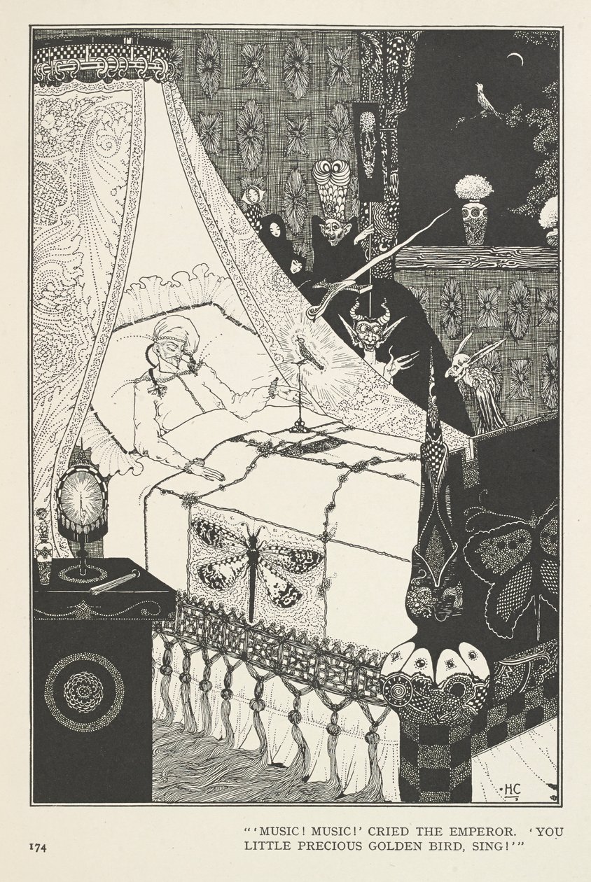 El Ruiseñor. "¡Música! Música!" gritó el Emperador. "¡Pequeño y precioso pájaro dorado, canta!" de Harry Clarke