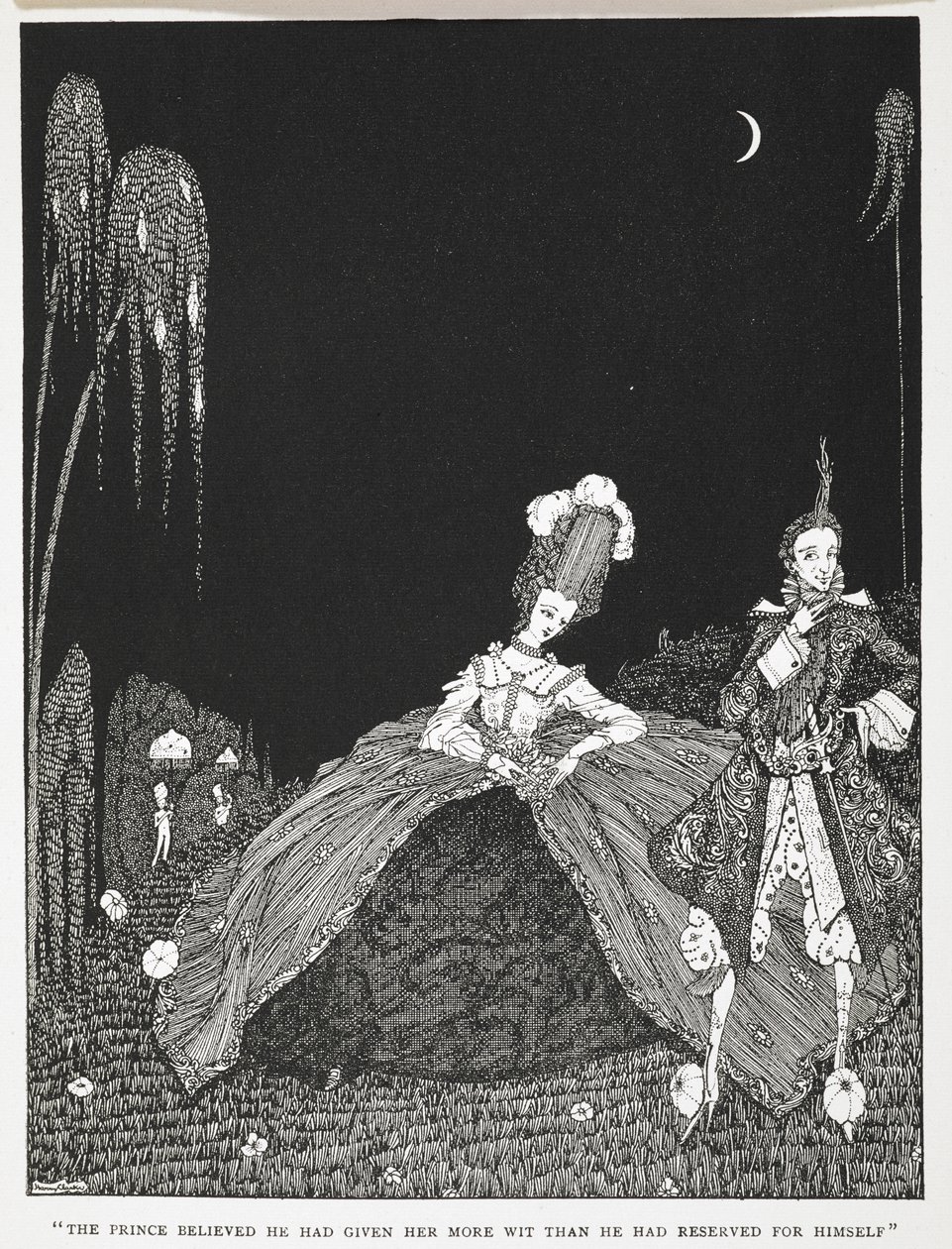 "El Príncipe creyó haberle dado más ingenio del que se había reservado". Ilustración para el cuento "Riquet con el mechón". de Harry Clarke