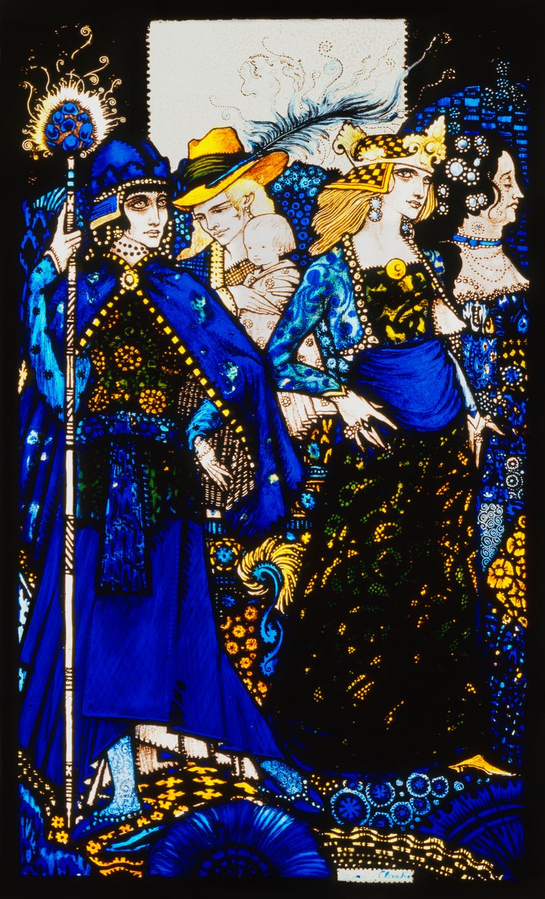 Las reinas de Saba, Meath y Connaught. "Reinas", nueve paneles de vidrio grabados, teñidos y pintados, ilustrando el poema de J.M. Synge, 1917 de Harry Clarke