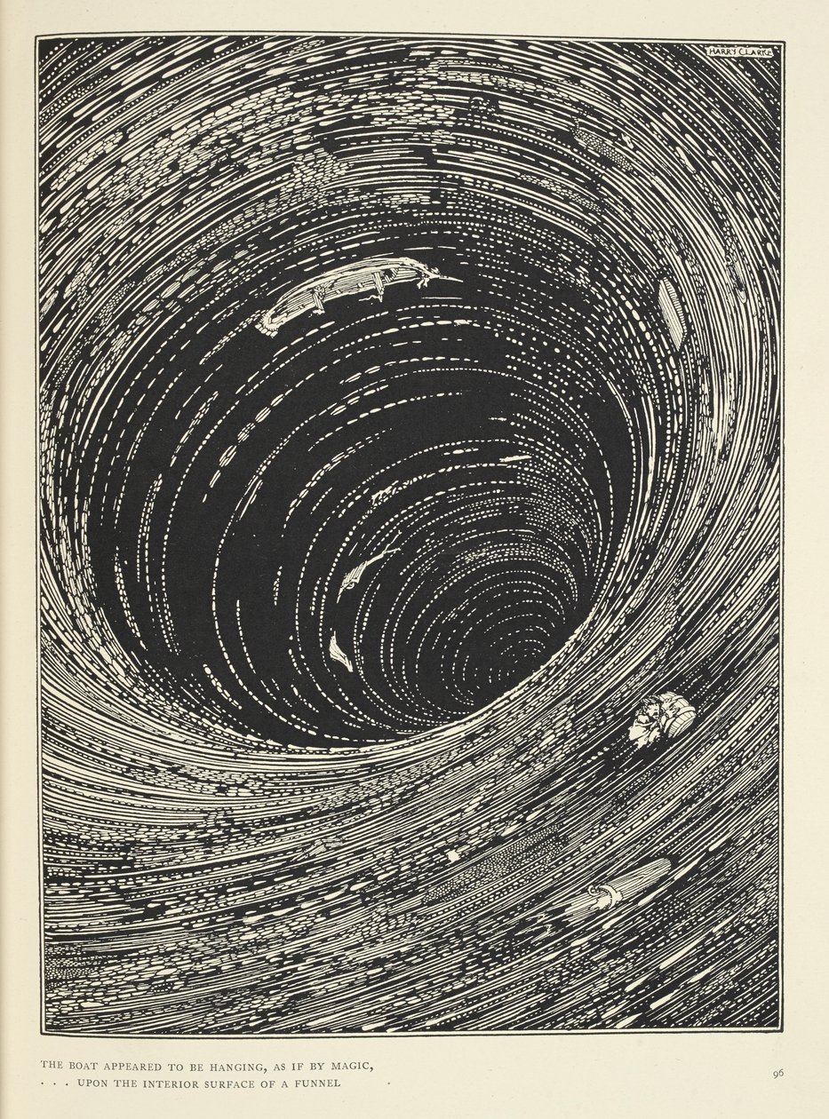 "El barco parecía estar colgando... sobre la superficie interior de un embudo de vasta circunferencia". Ilustración para la historia "Un descenso al Maelstrom". de Harry Clarke