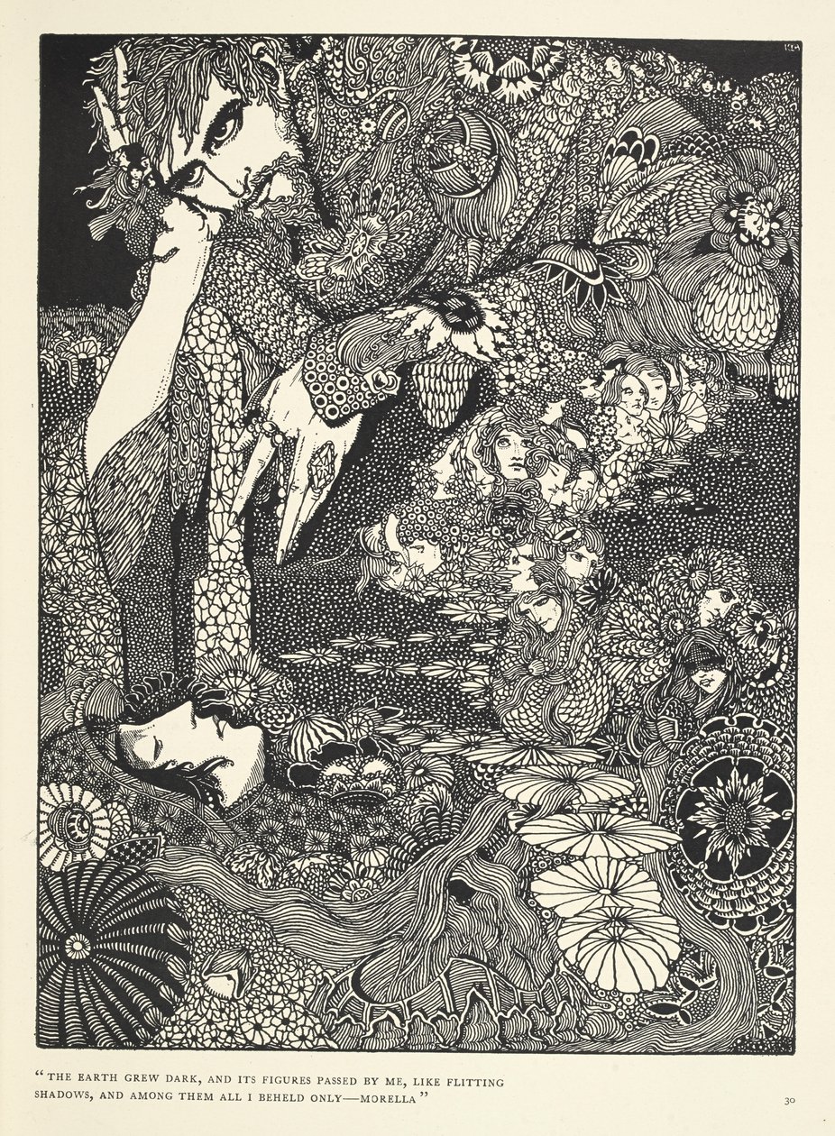 "La tierra se oscureció, y sus figuras pasaron a mi lado, como sombras revoloteantes... Morella" Ilustración para el cuento "Morella". de Harry Clarke