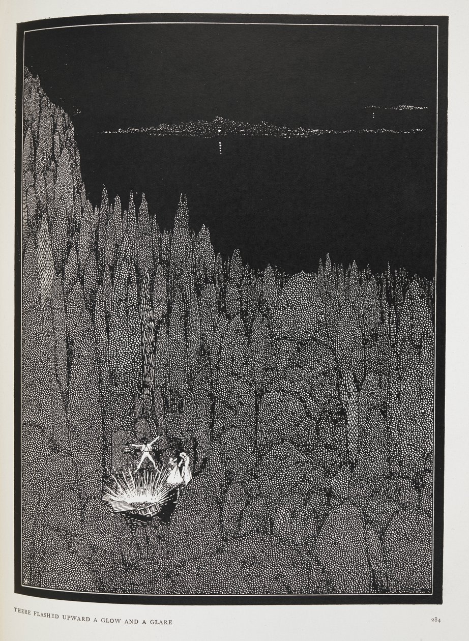 Un resplandor y un fulgor brillaron hacia arriba". Ilustración para el cuento "El bicho de oro". de Harry Clarke