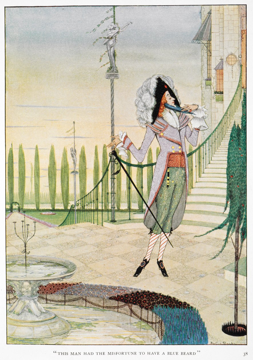 "Este hombre tuvo la desgracia de tener una Barba Azul". Barba Azul acariciándose la barba. de Harry Clarke