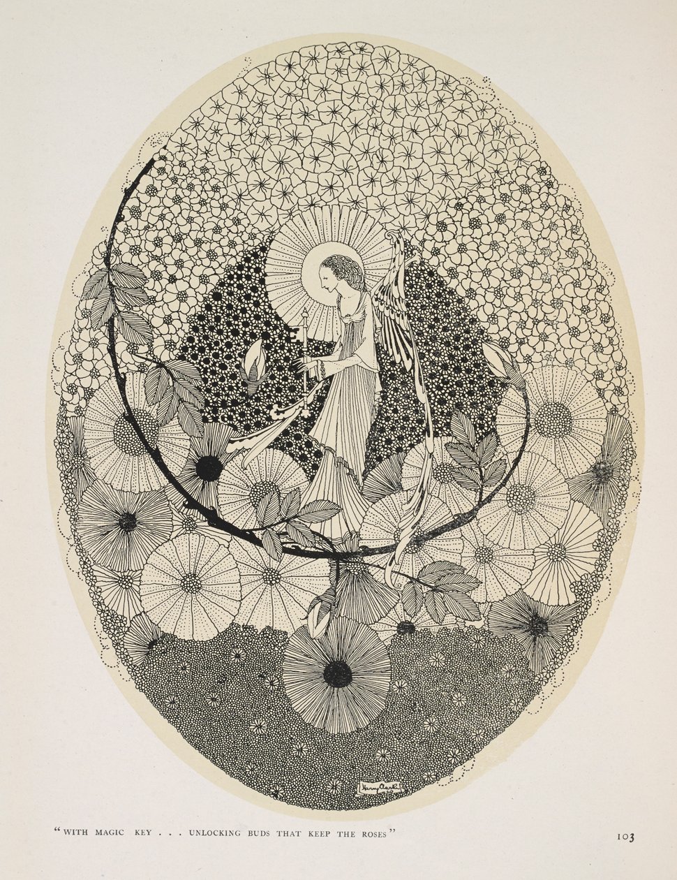 Por la primavera que llega. "Con llave mágica... abriendo capullos que guardan las rosas". de Harry Clarke