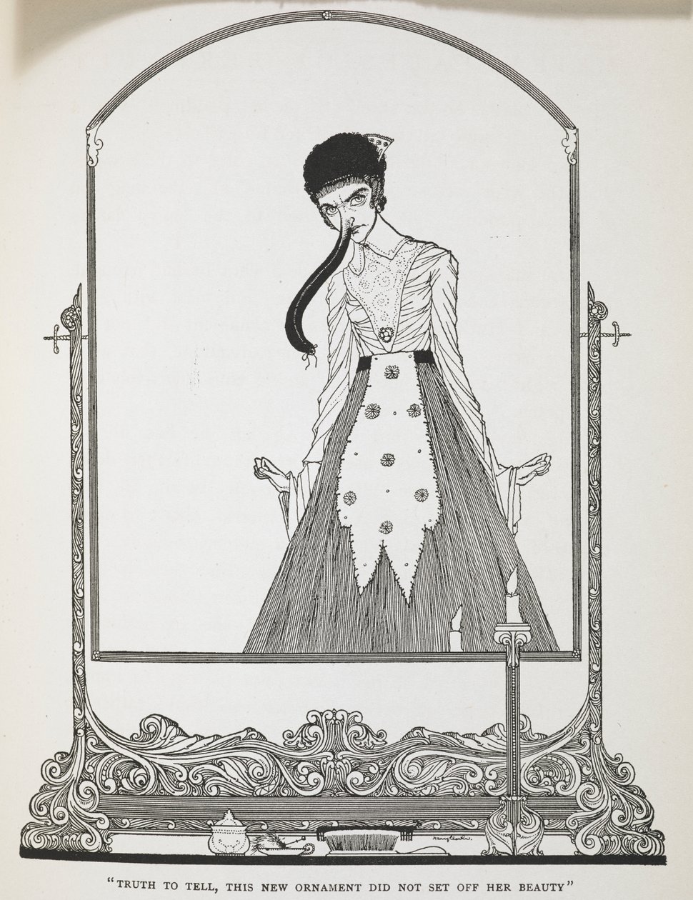 "A decir verdad, este nuevo adorno no realzaba su belleza". Ilustración para el cuento "Los deseos ridículos". de Harry Clarke