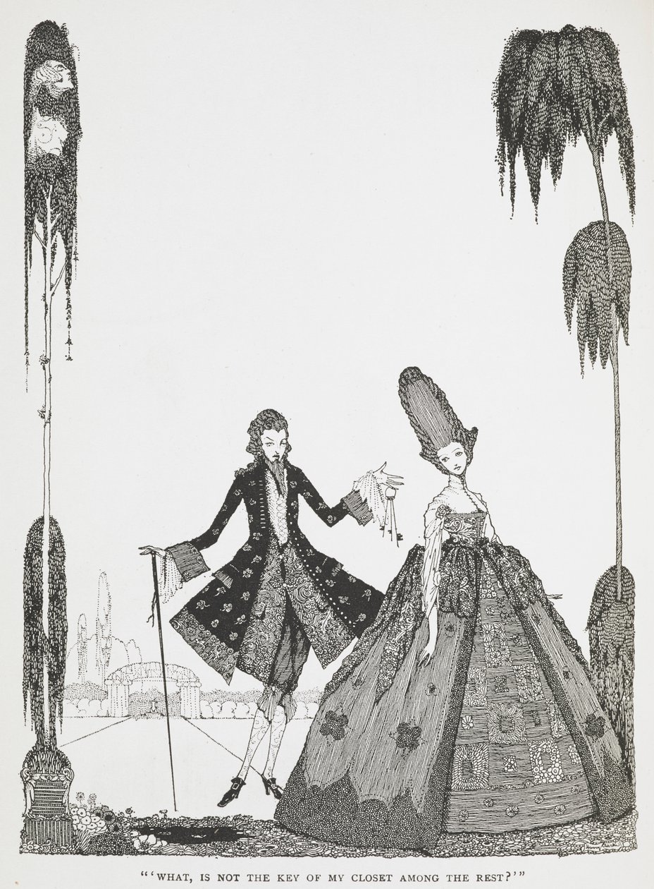 "¿Qué, no está la llave de mi armario entre el resto?" Ilustración del cuento "Barba azul". de Harry Clarke