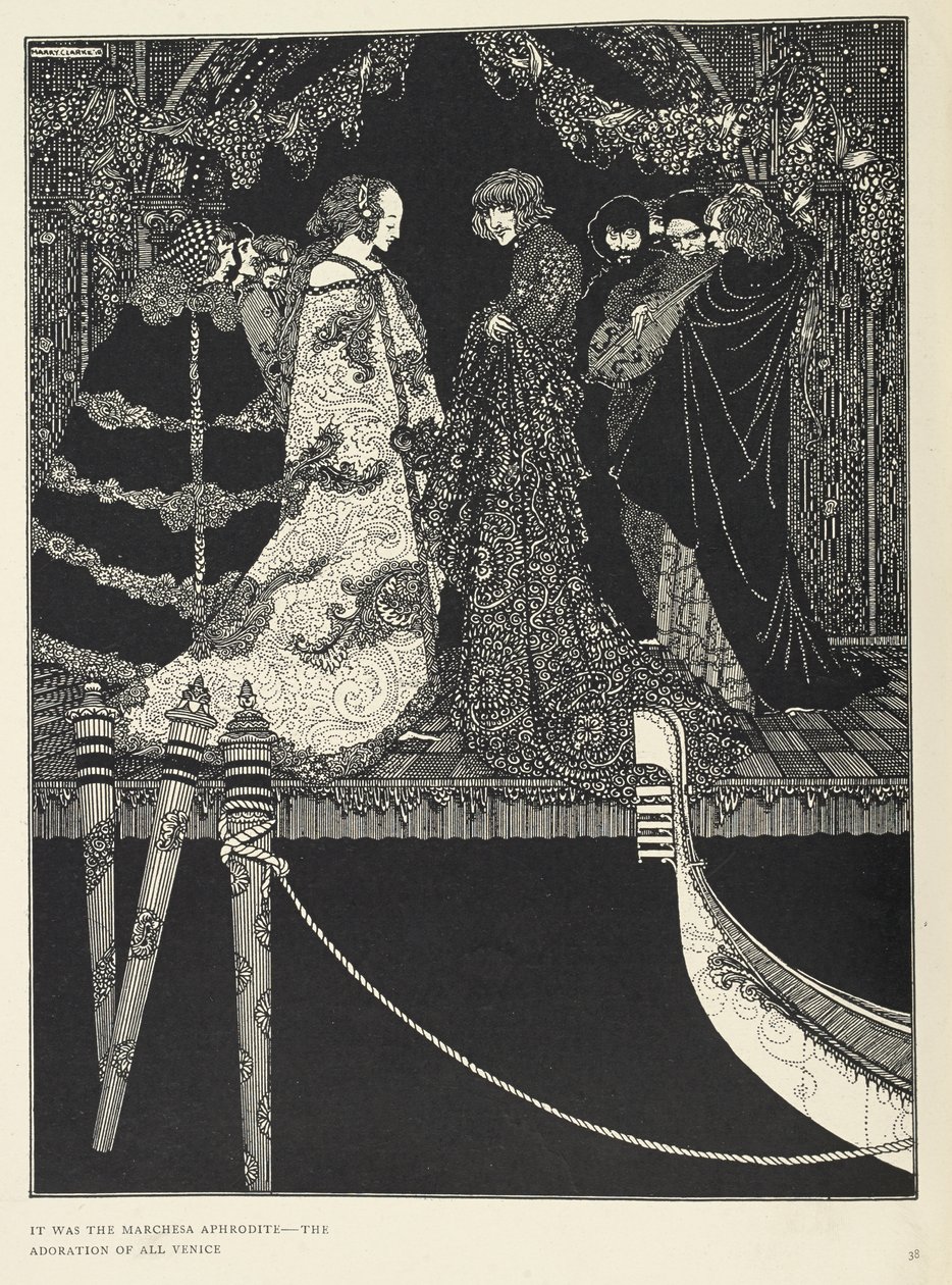"Era la marquesa Afrodita, la adoración de toda Venecia". Ilustración para el cuento "La asignación". de Harry Clarke
