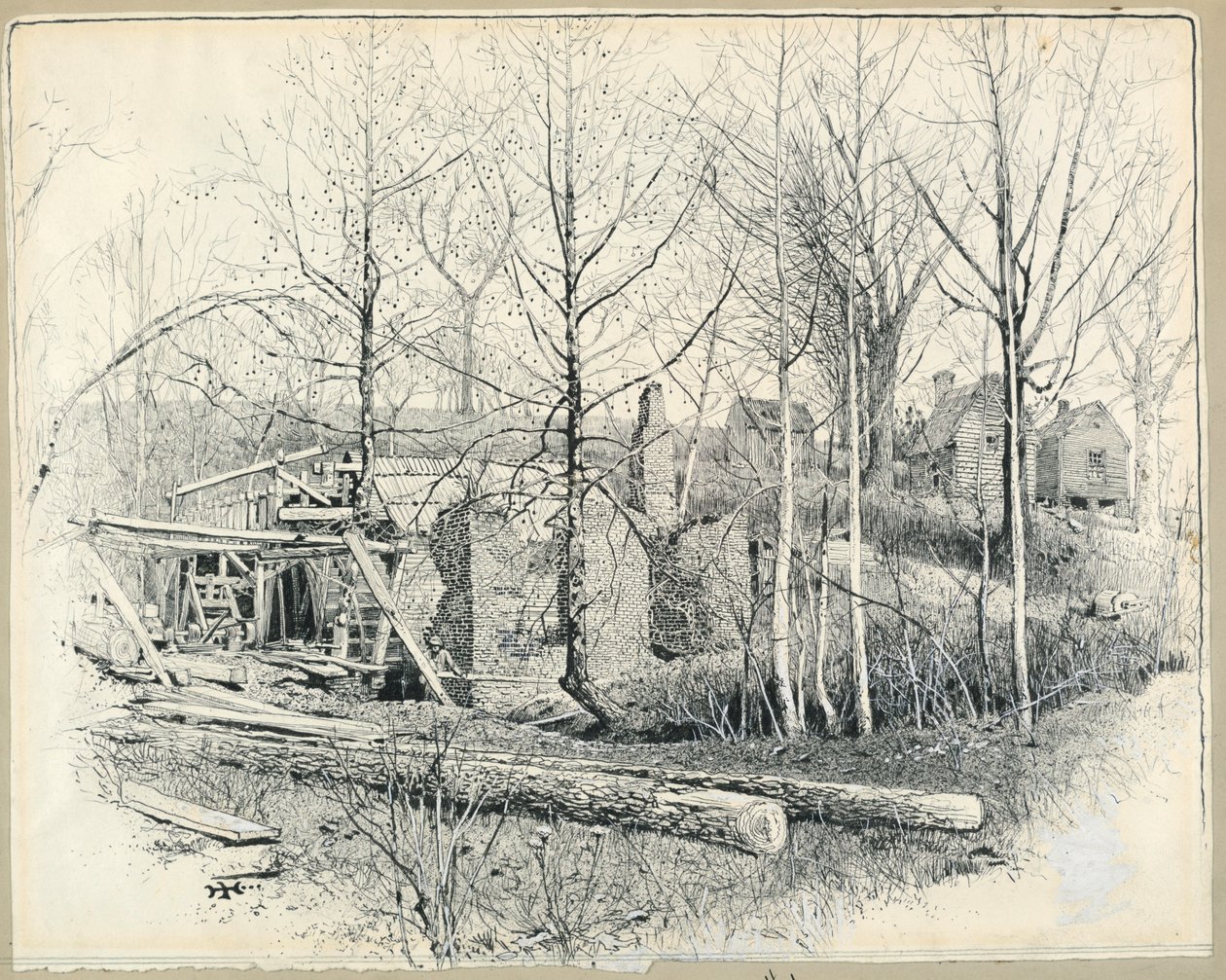 Dibujo, Aspecto actual del molino de Gaines, mirando hacia el este, 1885 de Harry Fenn