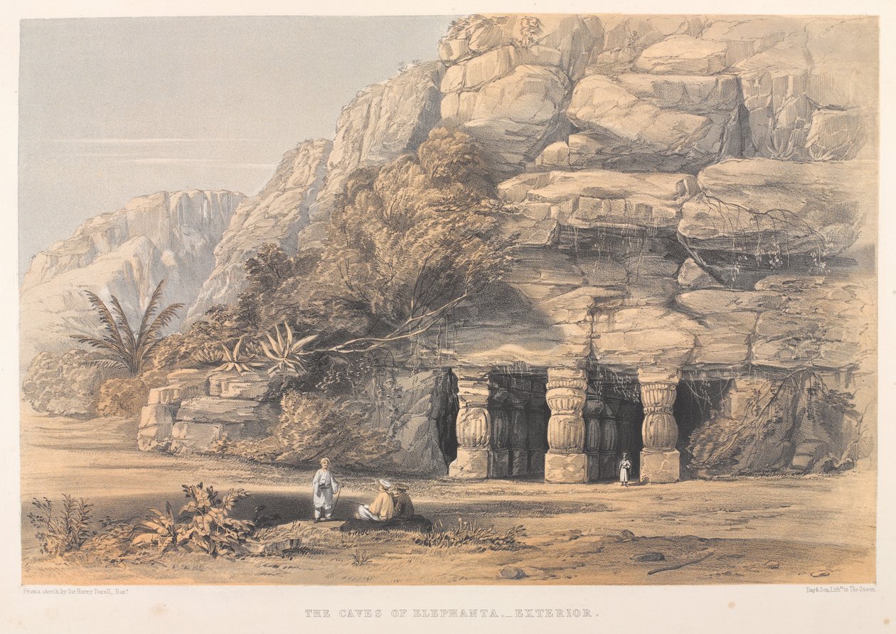 Las cuevas de Elefanta, exterior (litografía coloreada) de Harry Francis Darell