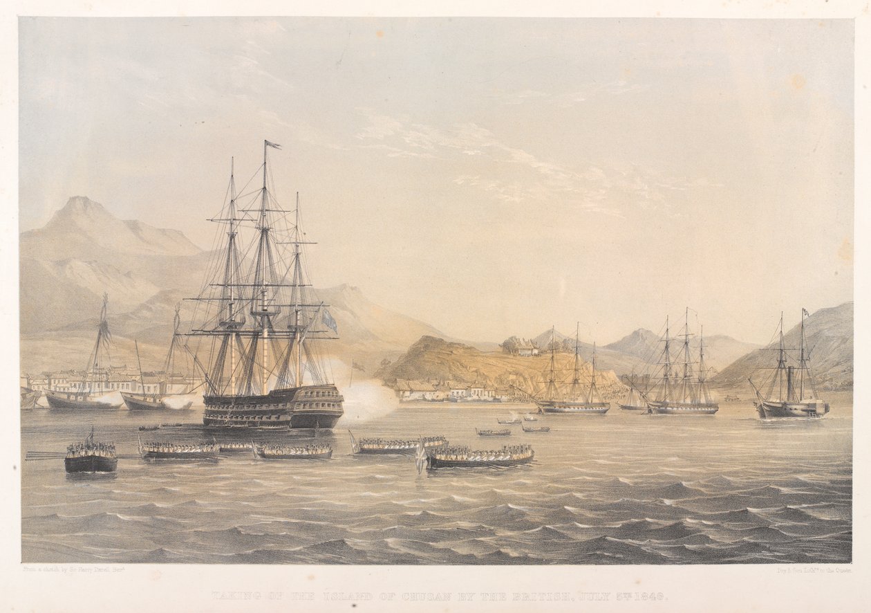 La toma de la isla de Chusan por los británicos, 5 de julio de 1840 (litografía en color) de Harry Francis Darell