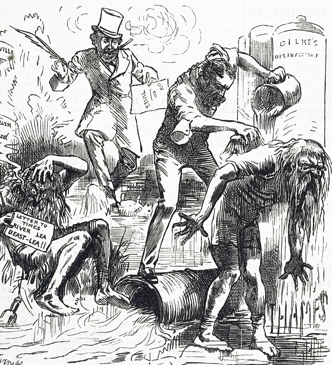 Viñeta en la que se ataca a los ríos Támesis y Lea por su suciedad. de Harry Furniss