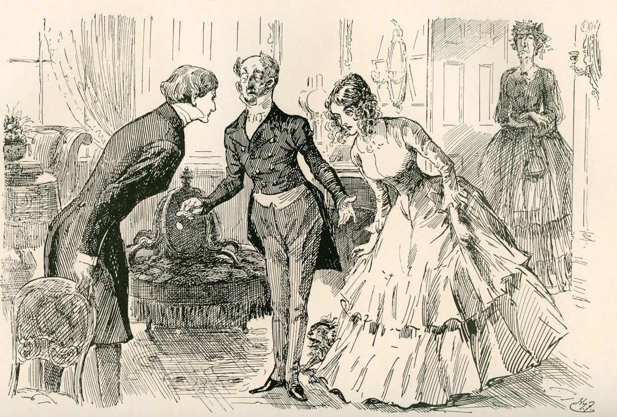 David conoce a Dora y a la señorita Murdstone. "¡El señor Copperfield, mi hija Dora, y la amiga confidencial de mi hija Dora, la señorita Murdstone!". Ilustración de Harry Furniss para la novela de Charles Dickens David Copperfield, de The Testimonial Edit de Harry Furniss