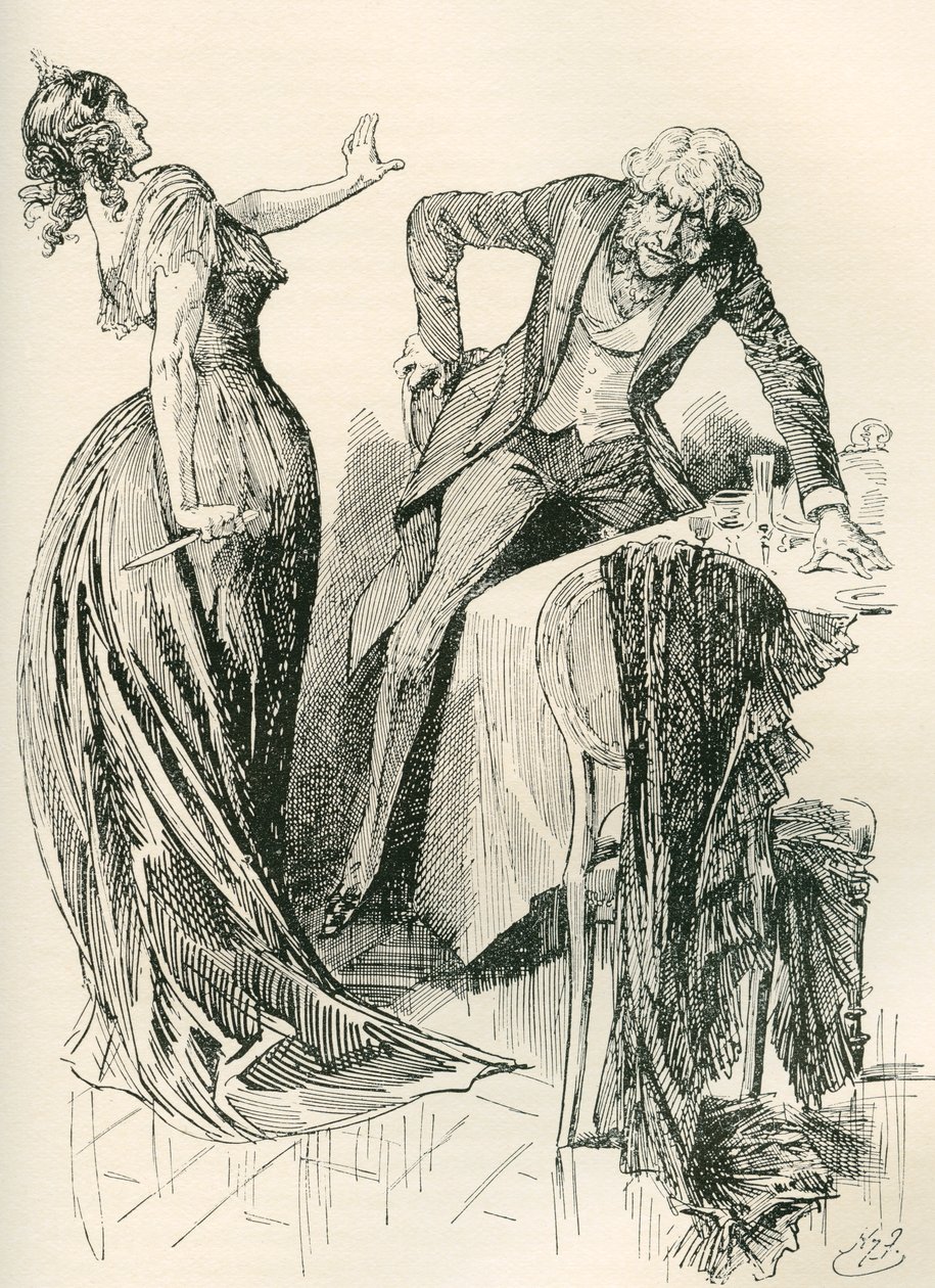 Edith y el Sr. Carker. "Se acercaba alegremente a ella cuando, en un instante, cogió el cuchillo de la mesa y retrocedió un paso. "¡Quédate quieto -le dijo- o te mato!". Ilustración de Harry Furniss para la novela de Charles Dickens de Harry Furniss