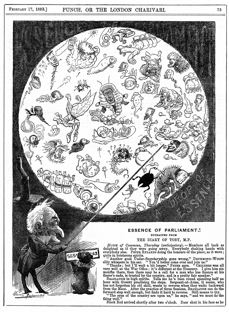 Esencia del Parlamento: Caricatura marcando la apertura de la primera sesión del Parlamento de 1883 de Harry Furniss