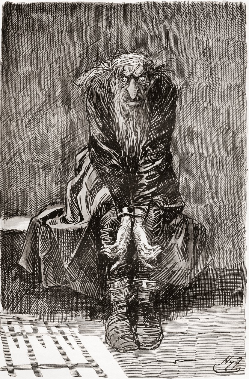 Fagin en la celda de los condenados. "Se sentó en un banco de piedra frente a la puerta, que le servía de asiento y somier, y echando sus ojos inyectados en sangre sobre la parrilla, trató de ordenar sus pensamientos. " Ilustración de Harry Furniss para la de Harry Furniss
