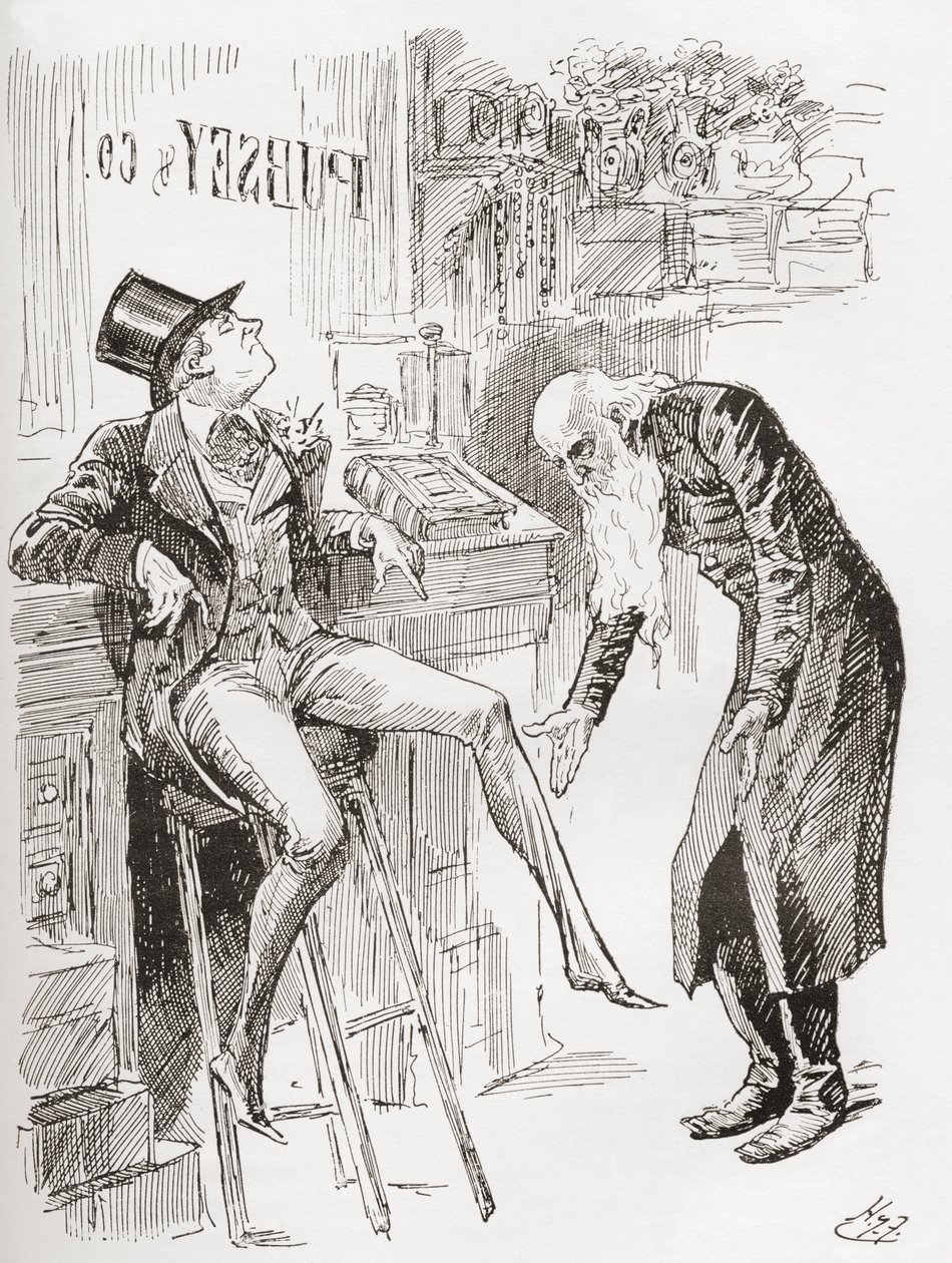Fledgeby y el señor Riah en la Casa de Contabilidad. "Sentado en el taburete, con el sombrero ladeado sobre la cabeza y una de las piernas colgando, la juventud de Fledgeby apenas contrastaba ventajosamente con la edad del judío, con la cabeza descubierta  de Harry Furniss