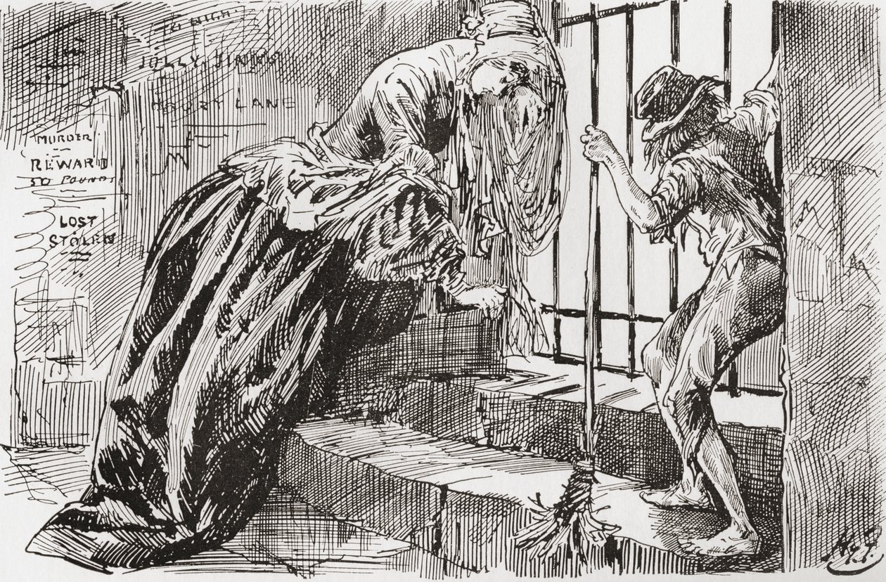Lady Dedlock y Jo. "Lo pusieron allí", dice Jo, agarrándose a los barrotes y mirando hacia dentro, mientras Lady Dedlock se encoge en un rincón. Ilustración de Harry Furniss para la novela de Charles Dickens Bleak House, de The Testimonial Edition, publica de Harry Furniss