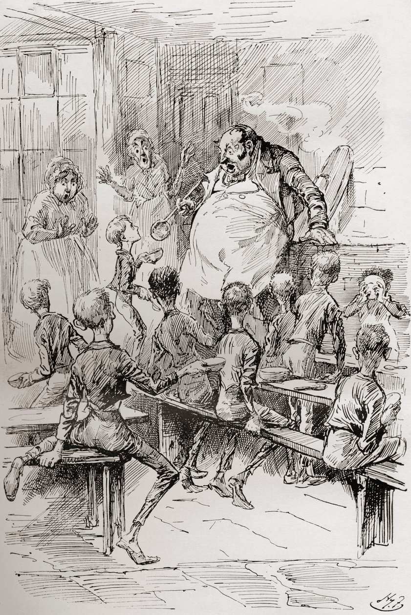 Hambre en el asilo. "Por favor, señor, quiero un poco más". "El Maestro contempló con estupefacto asombro al pequeño rebelde durante unos segundos, y se aferró al cobre para apoyarse. Los ayudantes estaban paralizados de asombro; los chicos, de miedo. Ilus de Harry Furniss