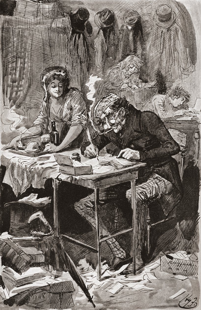 El escritor de cartas suplicantes. Ilustración de Harry Furniss para la novela de Charles Dickens Grandes esperanzas, de The Testimonial Edition publicada en 1910. de Harry Furniss