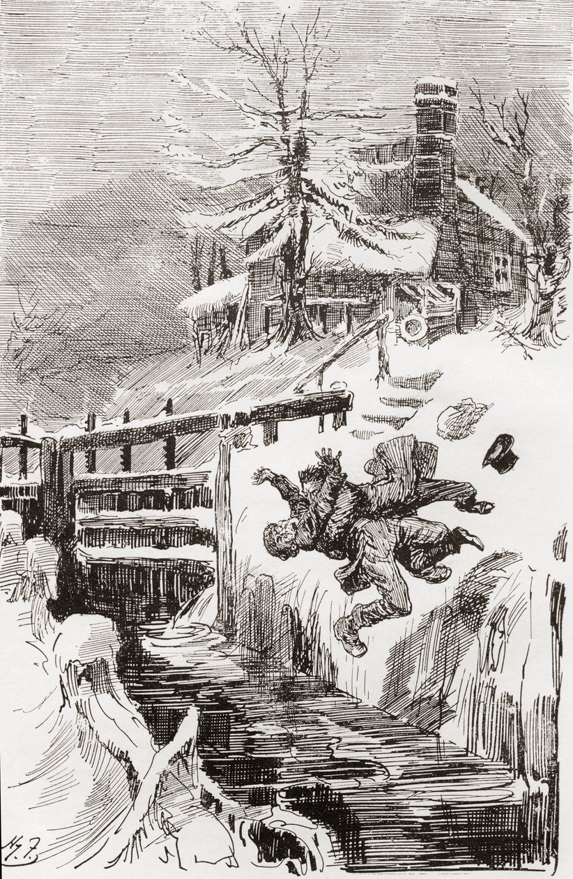 La lucha a muerte en la esclusa. " Aint I told you." "Te sostendré vivo, y te sostendré muerto", gritó Bradley, mientras Riderhood caía de espaldas sobre el foso liso, y Bradley Headstone sobre él." Ilustración de Harry Furniss para la novela de Charles Di de Harry Furniss