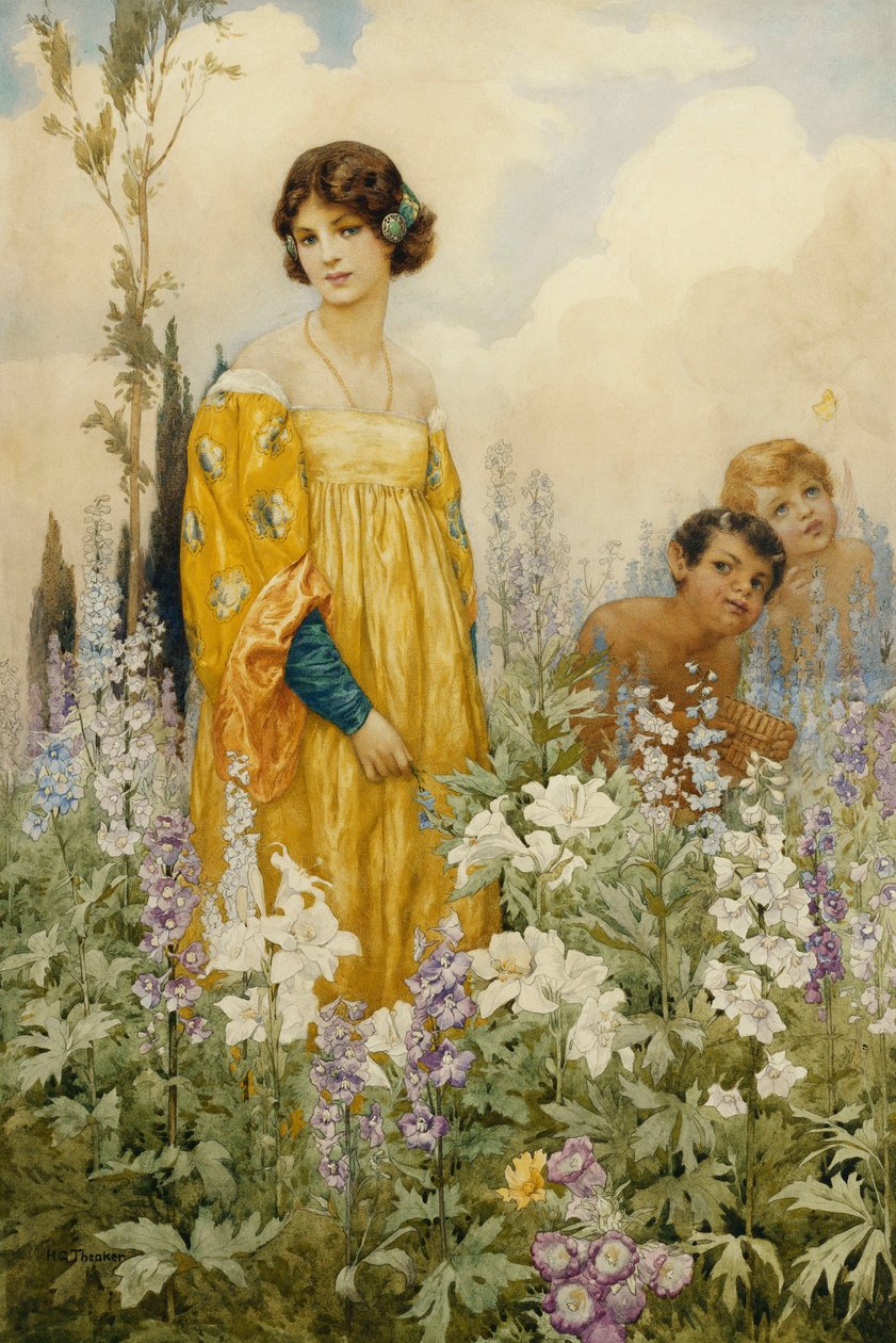 Una joven doncella con Pan y Cupido, en un jardín salvaje (lápiz y acuarela sobre papel) de Harry George Theaker