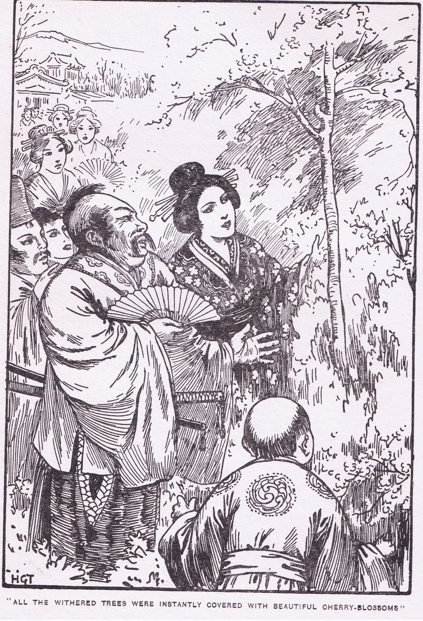 Todos los árboles marchitos se cubrieron al instante de hermosas flores de cerezo (El anciano que hizo florecer los árboles marchitos) (lito) de Harry George Theaker