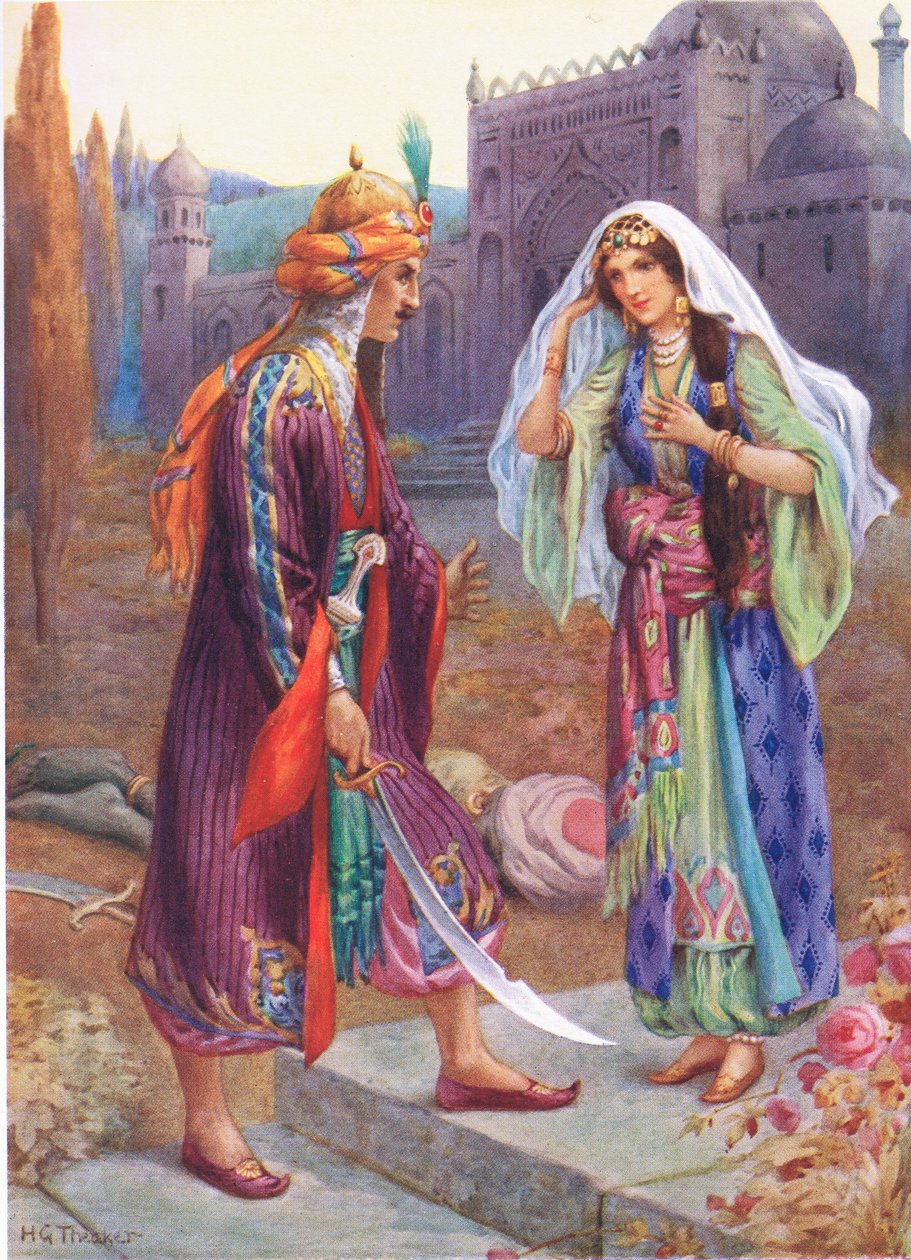Codadad mata al gigante negro, ilustración de "Cuentos infantiles de Las mil y una noches", de Rose Yeatman Woolf, c.1920 (litografía en color). de Harry George Theaker