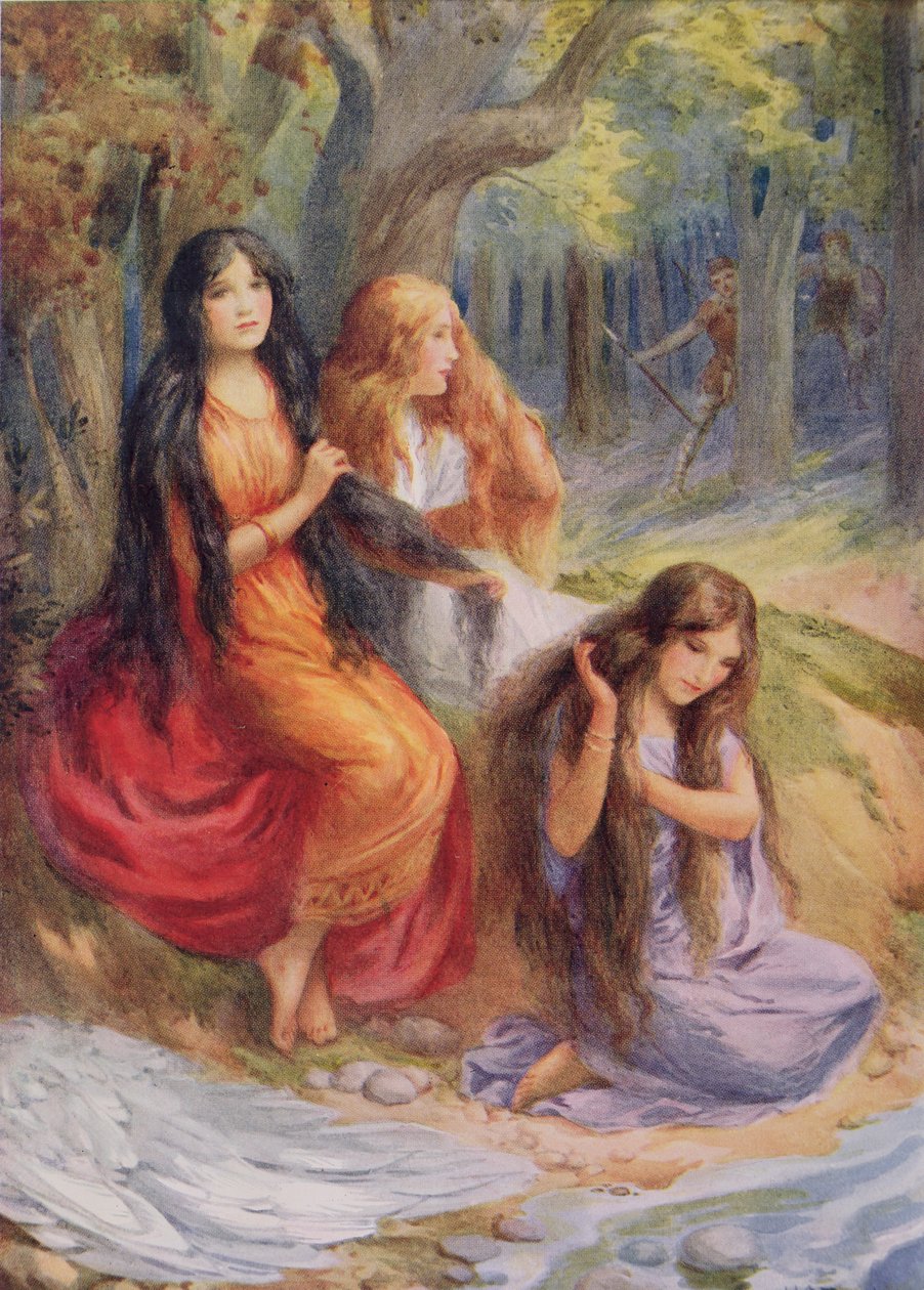Hladgrun, Olrun y Alvit, ilustración de "The Wayland Smith" ilustrada en "Northern Legends" de Raphael Tuck (pub) (litografía en color). de Harry George Theaker