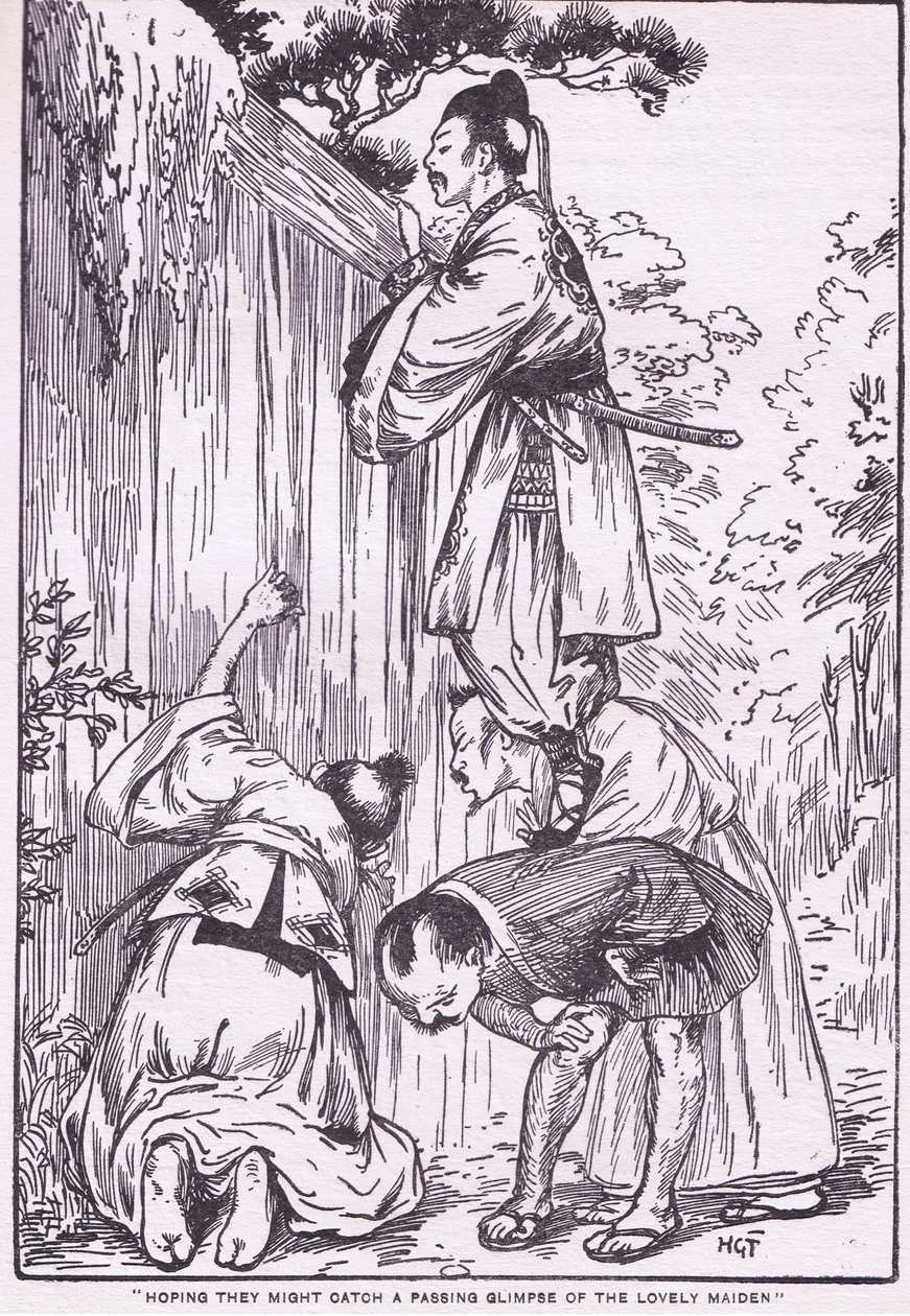 Con la esperanza de ver a la hermosa doncella (de Hija de la Luna) (litografía) de Harry George Theaker
