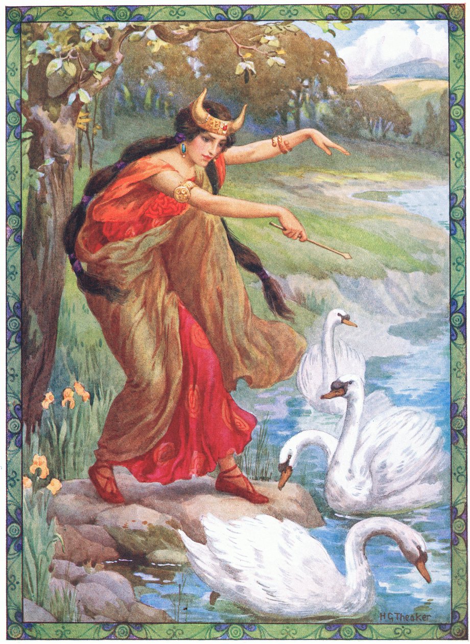 "En lugar de los cuatro niños, ¿qué vio" (de Los hijos de Lir) (litografía en color) de Harry George Theaker