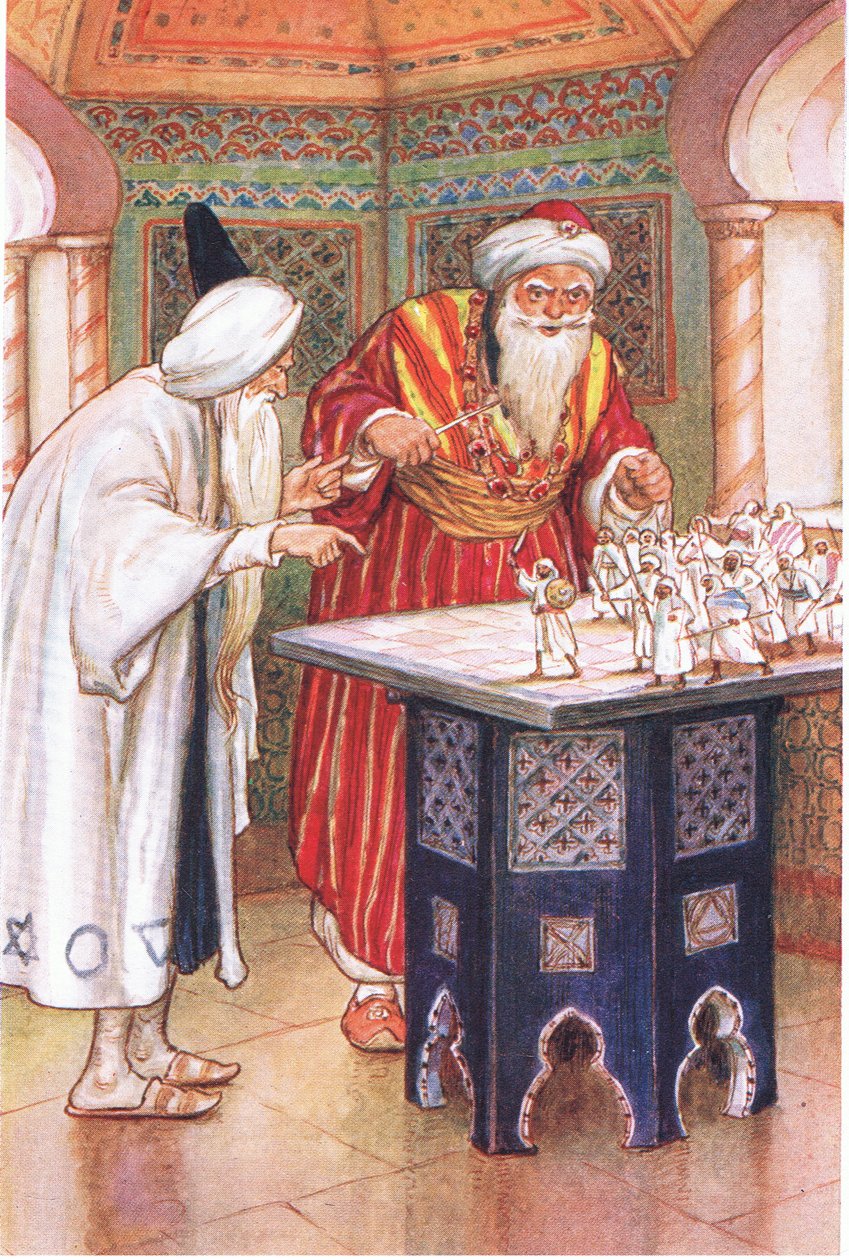 El rey Aben Kabuz y el astrólogo árabe (del cuento El astrólogo árabe), ilustración de "Cuentos de la Alhambra", c.1940 (litografía en color). de Harry George Theaker