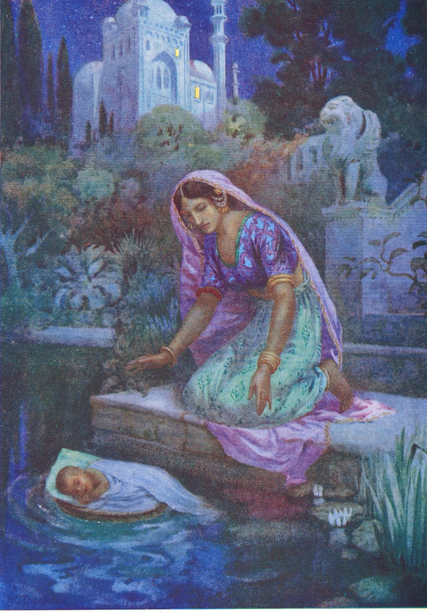 Kunti no se atrevió a desobedecer. De los hermanos aventureros, ilustración de "Cuentos infantiles de leyendas indias", años 30 (litografía en color). de Harry George Theaker