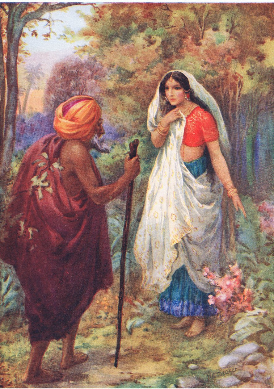 Que descanse un rato en este agradable lugar". De las Aventuras de Rama y Sita, ilustración de "Cuentos infantiles de leyendas indias", c.1930 (litografía en color). de Harry George Theaker
