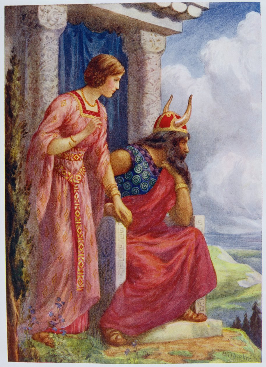Odín y Frigga" de "Asgard y su rey", ilustrado para "Cuentos infantiles de las leyendas del Norte", publicado por Raphael Tuck. de Harry George Theaker