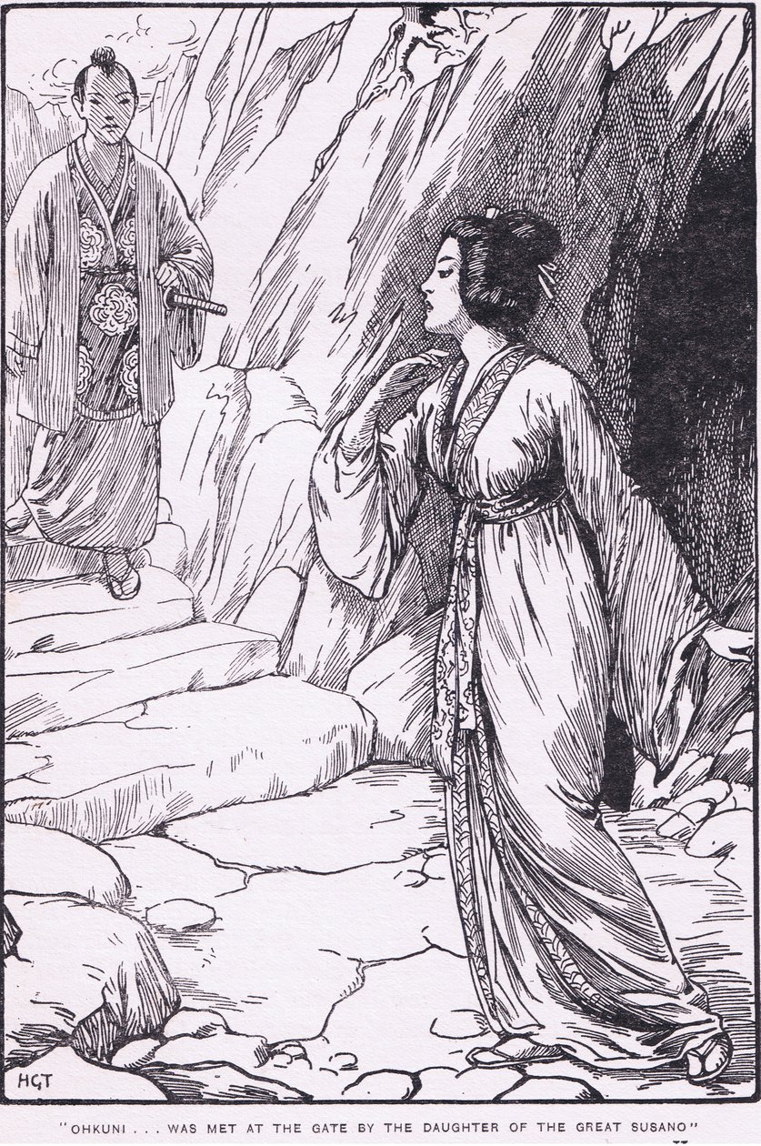 Okhuni fue recibido en la puerta por la hija del gran Susano (de Susano y Ohkuni) (lito) de Harry George Theaker
