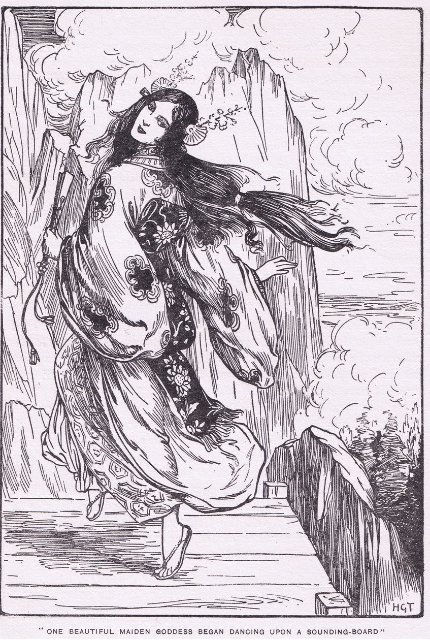 Una hermosa diosa doncella se puso a bailar sobre una caja de resonancia (La Llanura del Alto Cielo) (litografía) de Harry George Theaker