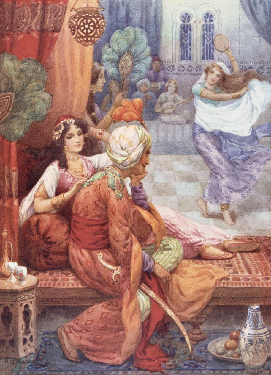 El príncipe Ahmed y el hada Banou, ilustración de "Cuentos infantiles de Las mil y una noches", de Rose Yeatman Woolf, c.1920 (litografía en color). de Harry George Theaker