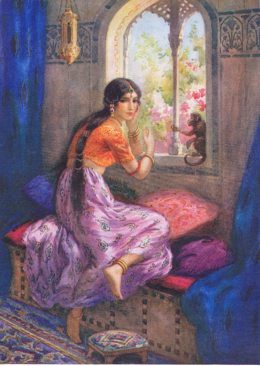 "Rama: Susurró Hanuman una vez más". De las Aventuras de Rama y Sita, ilustración de "Cuentos infantiles de leyendas indias", c.1930 (litografía en color). de Harry George Theaker