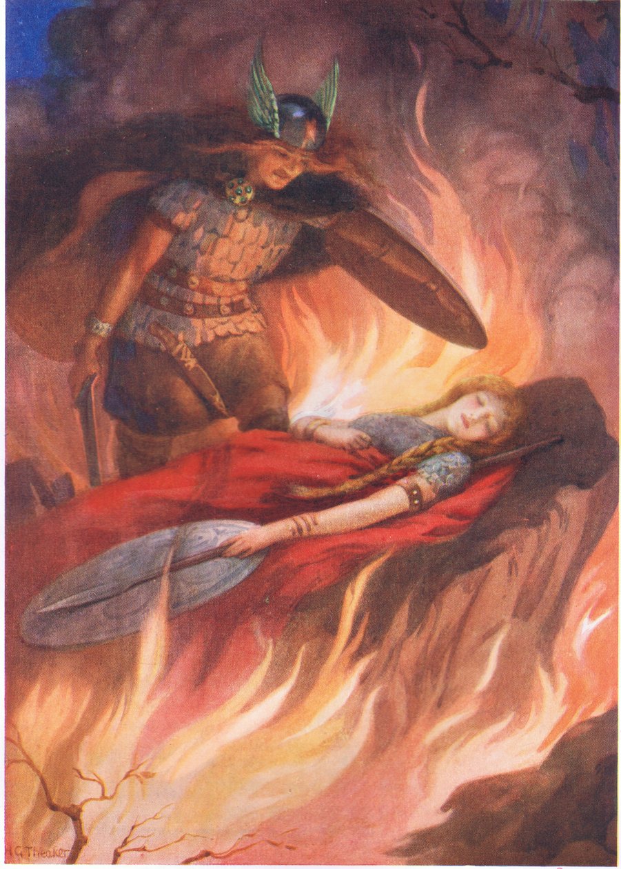 Sigurd y Brynhild" de "La espada de los volsungos", ilustrado en "Cuentos infantiles de las leyendas nórdicas", publicado por Raphael Tuck (litografía en color). de Harry George Theaker