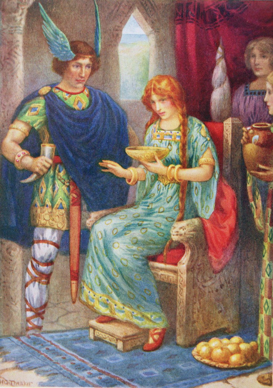 Skyrnir y Gerda, de la ilustración "Frey y Gerda" de "Cuentos infantiles de las leyendas del Norte", publicado por Raphael Tuck. de Harry George Theaker