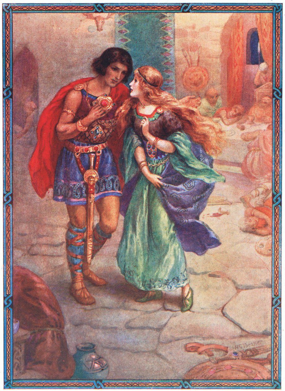 "Tómame por esposa" (de Diarmud y Grania) (litografía en color) de Harry George Theaker