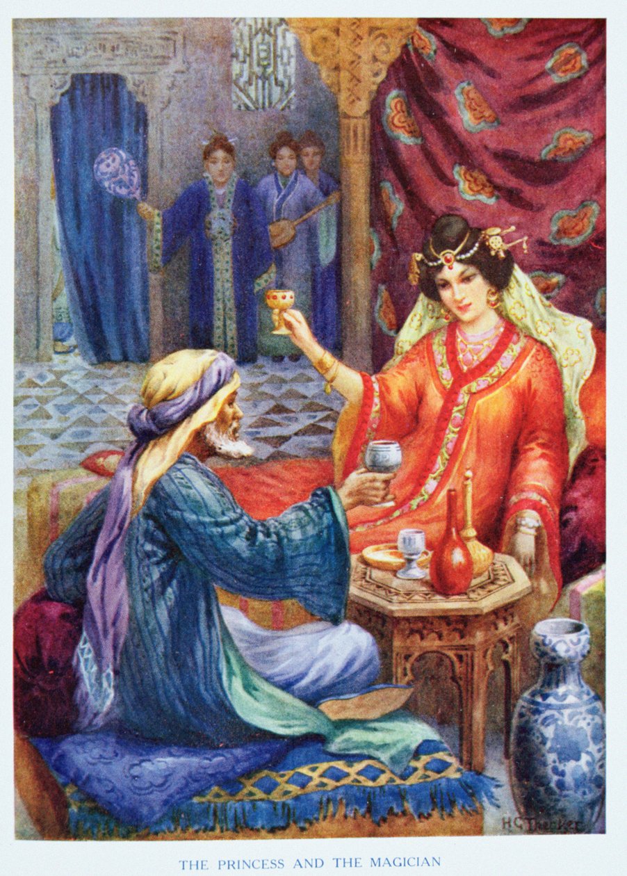 La princesa y el mago, ilustración de "Cuentos infantiles de Las mil y una noches", por Rose Yeatman Woolf, c.1920 (litografía en color) de Harry George Theaker